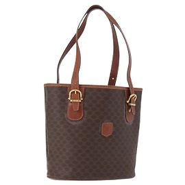 Céline CELINE Macadam Canvas Tote Bag PVC Leather Brown Gold Auth 172185 Brown Golden