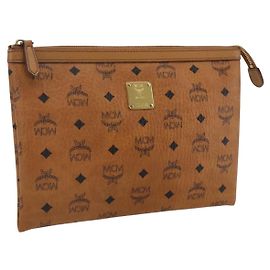 Bolsa Clutch MCM Logogram Vicetos em Couro PVC Marrom Dourado Auth kk624 Marrom Dourado
