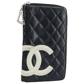 CHANEL Cambon Linie Organizer Lange Geldbörse Leder Schwarz Silber CC Auth 133227 Schwarz Silber