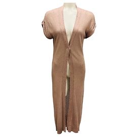 Cardigã longo de linho e seda tricotado com mangas curtas em paetês rosa blush da Brunello Cucinelli Rosa