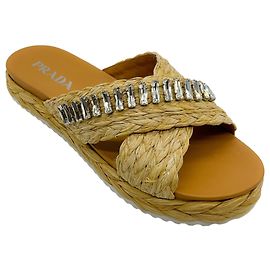 Beige Raffia Crystal-verzierte Slide-Sandalen von Prada Beige