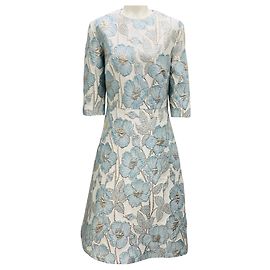 Autre Marque Reem Acra Light Blue / White / Gold Metallic Floral Jacquard Cocktail Dress Blue