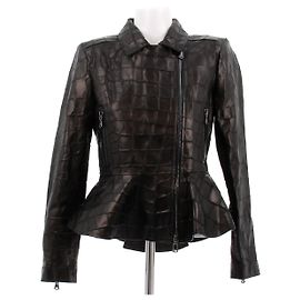 L'Agence Braune Lederjacke mit Krokodilprägung Braun