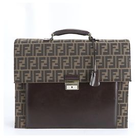 Fendi Zucca Leather Briefcase Tote Bag Brown