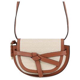 Borsa a Spalla Loewe Gate Dual Mini Anagram in Jacquard di Pelle di Vitello Beige
