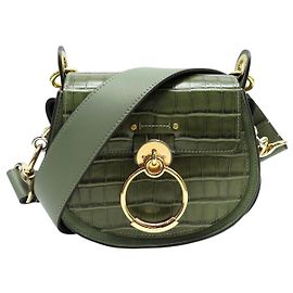 Chloé NEW CHLOE TESS PM CROCODILE-STYLE LEATHER KHAKI SHOULDER BAG Khaki
