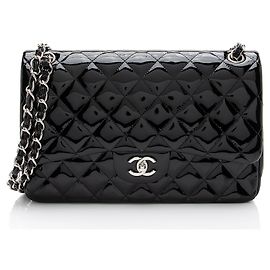 Sac à main Chanel en cuir verni classique Jumbo à double rabat Noir