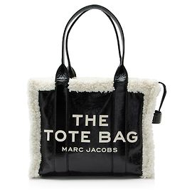 Marc Jacobs Crinkled Leather Faux Shearling The Tote Large Bag Black