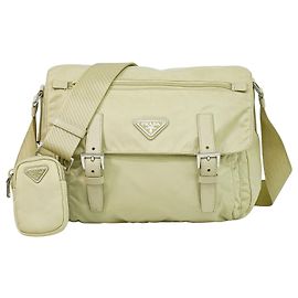 Bolsa mensageiro com aba de fivela dupla Prada Re-Nylon média Bege