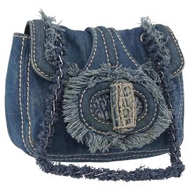 Bolsa de Ombro com Corrente PRADA em Denim Azul Prata Auth gh1755V Prata Azul