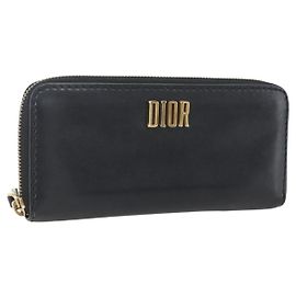 Christian Dior Round Long Wallet Leather Black Gold Auth am10801 Black Golden
