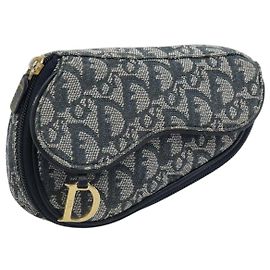 Christian Dior Trotter Canvas Satteltasche Navy Gold Auth 173140 Golden Marineblau