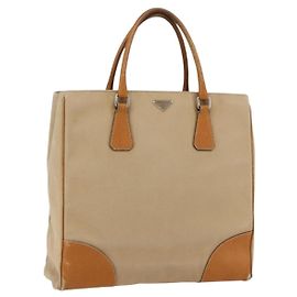 PRADA Sac à main en toile cuir beige argent Auth fm5148 Argenté Beige
