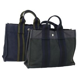 Hermès HERMES Borsa Fourre Tout in Tela 2 Set Grigio Blu Navy Auth bs33354 Marrone Blu navy