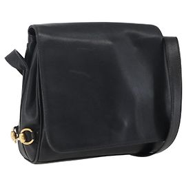 Bolsa de Ombro de Couro Preta e Prata GUCCI 001 2214 Auth ep13226 Preto Prata