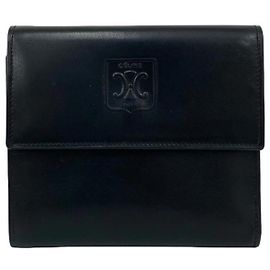 Céline Celine Blason Triomphe Embossed Leather Mini Tri-fold Wallet Black