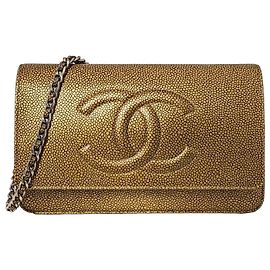 Chanel Caviar Bronze Metallic Double CC Wallet on Chain WOC Golden Bronze