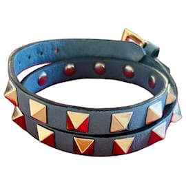 Valentino Rockstud Armband aus blauem Leder mit doppelter Wicklung Blau