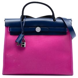 Hermès Sac Herbag Zip 31 en Toile Rose Rose Autre Bleu foncé