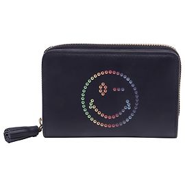 Cartera bi-fold de cuero azul marino con borlas y cara sonriente Anya Hindmarch Azul Azul marino