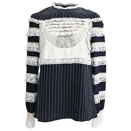 Blusa de seda azul marinho com listras e renda de Valentino Garavani Azul Azul marinho