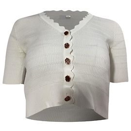 Sandro Cecil Scalloped Short-Sleeve Cardigan in White Viscose White Cream