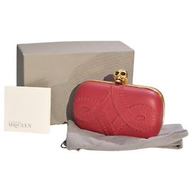 Alexander McQueen Red Leather Crystal Studded Gold Stabbed Skull Clasp Clutch Dark red
