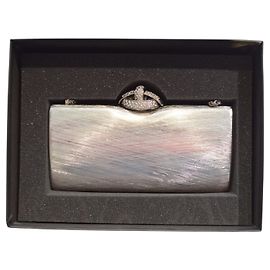 RODO Italy Silver Metallic Clutch Bag Crystal Clasp Chain Strap Evening Handbag Silvery
