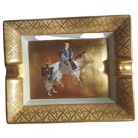 Hermès Hermes Ashtray 24 karat gold 2 Samurai with Horse Braun Weiß Golden