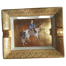 Hermès Hermes Ashtray 24 Karat Gold 2 Samurai with Horse Brown White Golden