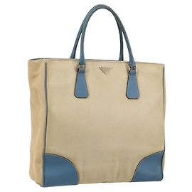 PRADA Tote Bag Canvas Beige Silver Auth 171123 Silvery Blue Beige