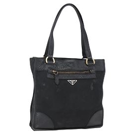 PRADA Tote Bag Nylon Leather Black Gold Auth fm5143 Black Golden
