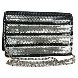 PRADA Chain Sequin Shoulder Bag Leather Black Silver Auth 165358 Black Silvery