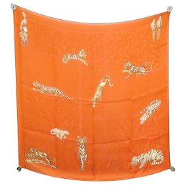 CACHECOL CARTIER PANTHERE TIGRE QUADRADO 90 EM MUSLIM DE SEDA Laranja