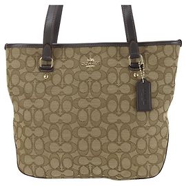 Coach Signature canvas leather tote bag Brown Beige