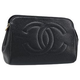 Bolso CHANEL de Piel Caviar Negro Oro CC Auth bs33477 Negro Dorado