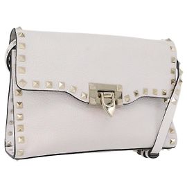 Valentino Bolsa de Ombro de Couro Branca e Dourada Auth BA10633 Branco Dourado
