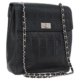 CHANEL Borsa a Spalla Choco Bar in Pelle di Agnello Nera Argento CC Auth bs33473 Nero Argento
