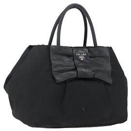 PRADA Bolso de mano de cinta de nylon cuero negro plata auténtico 173676 Negro Plata