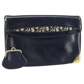 Christian Dior Trotter Canvas Clutch Bag Leather Navy Silver Auth ka2535 Silvery Navy blue