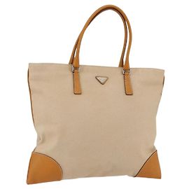 PRADA Hand Bag Canvas Beige Silver Auth kk627 Silvery Beige