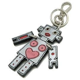 PRADA Prada Robot Heart Keychain Bag Charm Key Ring Leather Metallic Silver Pink Red Pink