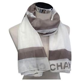 Pashmina/Echarpe CHANEL Feminina em Algodão Branco e Cinza Marrom