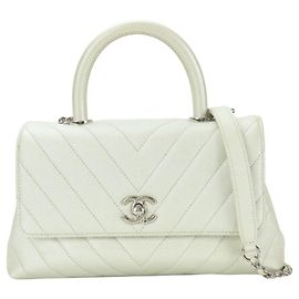 Chanel Coco Handle XS Handbag with Mark, Caviar Leather, Pearl White, Silver Hardware, Stitch, Size , Women's, CHANEL White