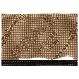 Prada fold Wallet Logo Jacquard Leather Beige Black Black