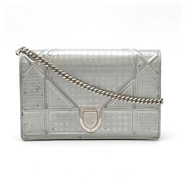 Christian Dior Diorama Chain Wallet Pochette Clutch Bag Patent Leather Metallic Silver Silvery