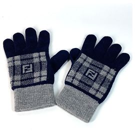 FENDI Check FF Tone Logo Gloves, Wool, Women's, Navy Brown