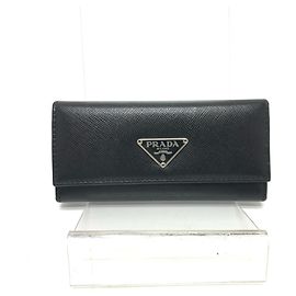PRADA Triangle Plate Trifold -Key Case in Saffiano Leather, Women's, Black Black