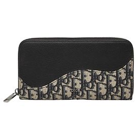 Christian Dior Dior Oblique Saddle Long Zip Wallet Navy Canvas Leather Men's Navy blue