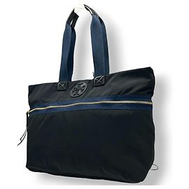 Tory Burch Tote Bag, Nylon, Leather, Black, Navy, Gold Hardware, Women's, Size Black